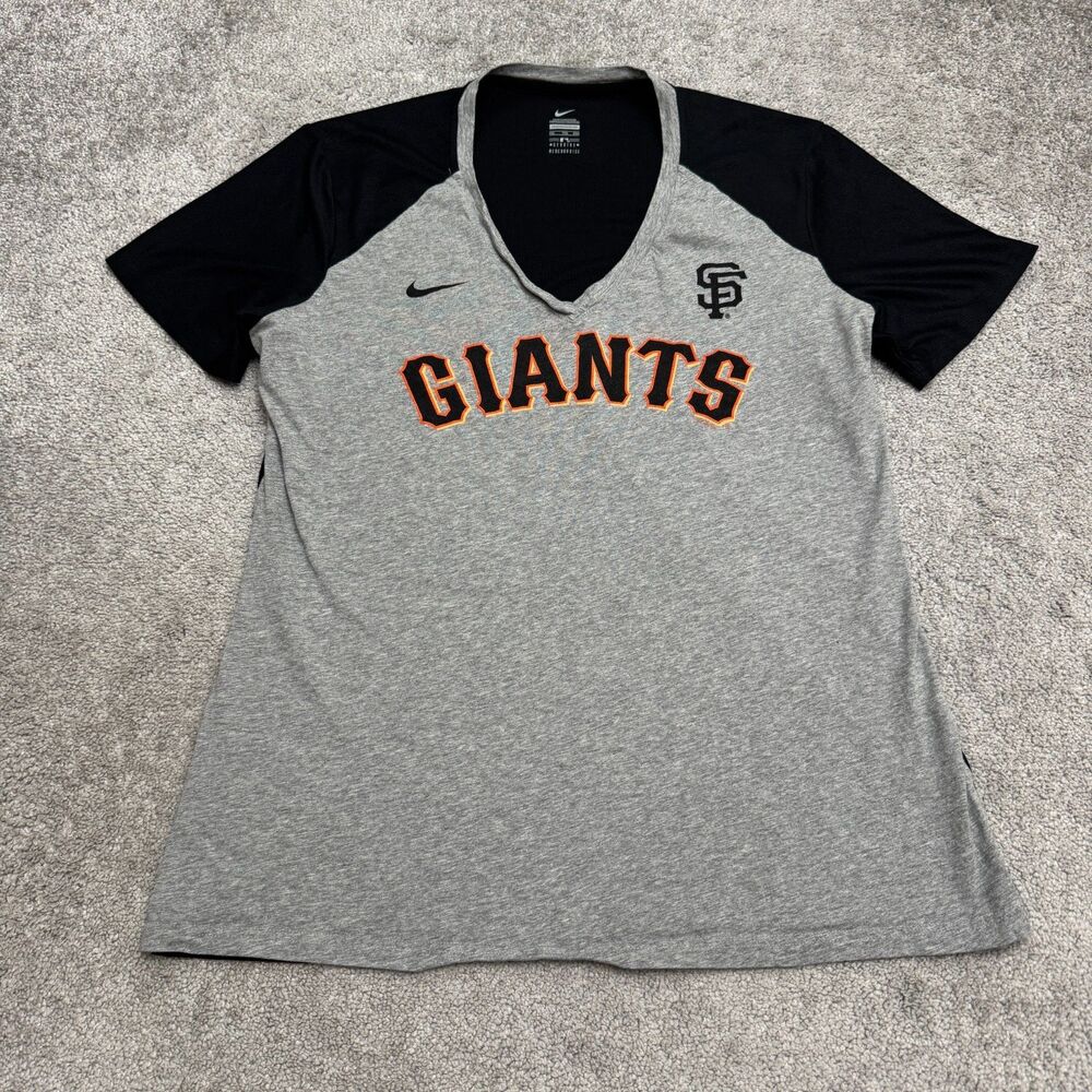 Nike MLB San Francisco Giants Womens 2XL Gray Black V-Neck Raglan T-Shirt Tee